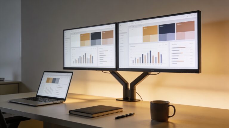 A realistic 16:9 scene of a modern office desk with a laptop and dual monitors showing abstract data dashboards, plus a notebook, pen, and coffee mug on a clean surface, symbolizing finance automation reducing busywork while keeping everything organized and under control.