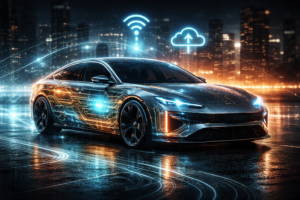 Futuristic sedan under neon lights