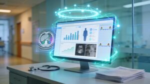 Realistic 16:9 image of a hospital desk with a large monitor displaying an abstract medical dashboard of charts, patient silhouettes, and imaging thumbnails. A stethoscope and paper charts lie next to the keyboard. A semi-transparent, glowing halo of blue and teal light nodes and lines wraps around the screen, symbolizing AI. Faint overlays of a CT/MRI slice and a small alert timeline appear near the monitor, while a softly blurred hospital corridor and glass wall sit in the background, conveying AI as a quiet assistant supporting healthcare work without replacing doctors.