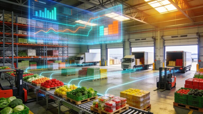Realistic 16:9 image of a grocery distribution center with neatly stacked pallets of mixed groceries, automated conveyors, and several trucks being loaded at dock doors. Floating above the products and vehicles are transparent hologram-style panels showing colorful charts, graphs, and network lines with no readable text, symbolizing AI analyzing demand, inventory, and routing. Soft natural light enters from high windows, and everything looks organized and efficient, suggesting an AI-optimized grocery supply chain that reduces spoilage and keeps the right products flowing to stores.