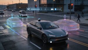 Realistic 16:9 image of a modern city street at dusk viewed from a slightly elevated three-quarter angle, with a late‑model electric sedan in the foreground driving in its lane. Subtle sensors are visible on the car, and a human driver sits behind the wheel with hands near the steering wheel, face indistinct, emphasizing supervision. A soft semi-transparent overlay shows faint colored outlines around nearby vehicles, highlighted lane markings, and small icon-like markers hovering over traffic lights and pedestrians on the sidewalk, all purely graphical with no readable text. Above the car, a thin horizontal strip of holographic-style UI elements displays abstract symbols for steering assist, lane centering, and adaptive cruise as simple arrows, lane lines, and a car icon, plus a generic block-style progression bar suggesting autonomy levels without numbers or words. In the mid‑background, a separate driverless robotaxi with no visible driver moves through a cross street inside a subtle glowing geo-fenced area on the road surface. Buildings, streetlights, other cars, and cyclists appear in the softly lit, slightly wet city environment, with reflections on the pavement and no branding or readable text anywhere.