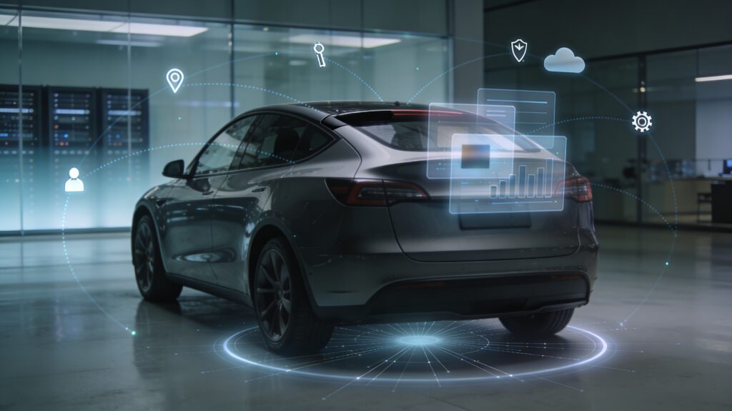 Realistic 16:9 image of a modern electric car seen from a high three-quarter rear view, parked on a clean, slightly reflective surface in a dim, cinematic environment. A semi-transparent “data aura” surrounds the vehicle, with thin glowing lines and small icons—location pin, shield, cloud, key, person silhouette, and gear—gently orbiting around it, all connected by fine light streams. Near the rear roofline and side windows, faint layered translucent panels look like blurred data cards with abstract blocks and charts, suggesting driving behavior, subscriptions, and personal data linked to the car. Beneath the vehicle, a soft circular glow with subtle radiating lines hints at a connection to a wider digital network. In the softly blurred background, a minimalist, upscale tech campus or dealership interior with glass walls and a hint of server racks behind frosted glass is visible, lit by cool-neutral lighting. No people, logos, or readable text appear anywhere.