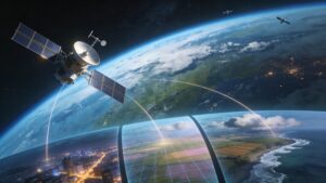 Realistic 16:9 image showing Earth from low orbit with a curved blue horizon and soft white clouds beneath the darkness of space. A detailed communication/navigation satellite with solar panels and antennas floats near the top-left, brightly lit by the Sun, with one or two smaller satellites faintly visible in the distance. Along the lower portion of the frame, three semi-transparent vignettes blend into the curvature of Earth: a glowing city at night with illuminated streets and buildings, a rural landscape of fields with subtle grid-like overlays, and a sunlit coastline with gentle waves and scattered clouds. Soft beams or arcs of light connect the main satellite to each vignette, symbolizing invisible data links, with no people, logos, text, or numbers anywhere in the scene.