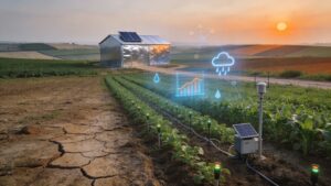 Realistic 16:9 image of a farm where cracked, dry soil on the left gradually fades into healthy green crop rows on the right. In the green area, small soil sensors, a slim weather station mast, and a compact solar-powered irrigation unit with drip lines are visible among the plants. Soft, translucent data icons—simple charts, moisture drops, and network nodes—float above the field. Behind them, a small modern storage building with a solar panel roof sits beside a dirt road, with a patchwork of fields and a hazy orange sky in the distance, symbolizing food security technology helping agriculture adapt to a warming world.