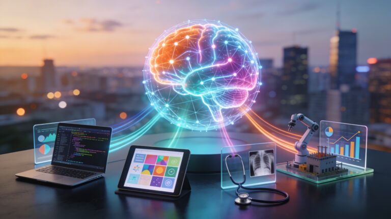 Realistic 16:9 image of a glowing, semi-transparent AI brain made of light nodes and lines hovering above a dark surface. Around it are a laptop with abstract code graphics, a tablet with colorful design tiles, a medical scan and stethoscope, a small robotic arm, and a glass panel with simple charts. Bright colored light trails connect the AI brain to each object, with a blurred city skyline at dusk in the background, symbolizing generative AI reshaping software, design, healthcare, manufacturing, and finance.