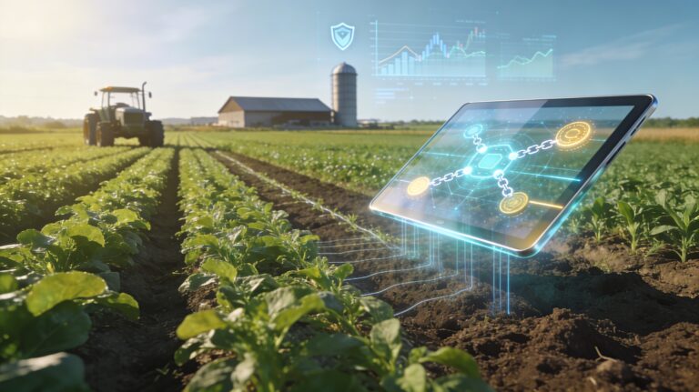 Realistic 16:9 image of a lush green farm field with neat crop rows and a small tractor parked on one side. On the right, a floating glass-and-metal digital panel hovers above the soil, showing glowing abstract blockchain nodes, chain links, and coin symbols in blue and gold, with light lines running from the panel into the soil and along the rows. A modest farm building and silo stand in the background under a clear sky, with faint holographic financial charts and shield icons above the field, symbolizing trustworthy crypto technology quietly supporting real-world agriculture.