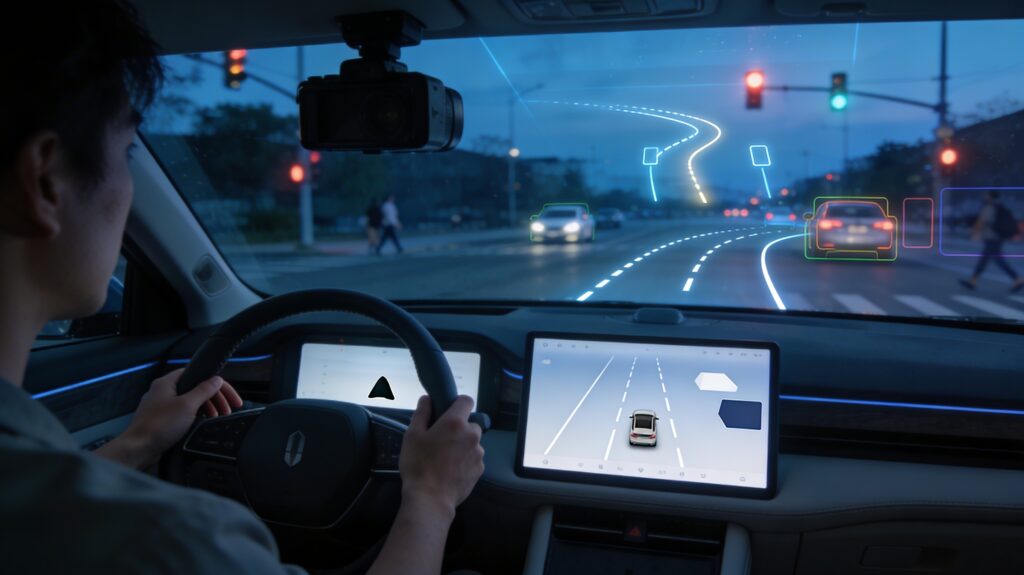 Realistic 16:9 interior view from over a driver’s right shoulder in a modern car, looking toward the windshield and digital dashboard. A human driver has hands lightly on or just above the steering wheel and eyes toward the road, with an indistinct, non-identifiable face to emphasize active supervision. The digital instrument cluster and central display show minimalist graphics such as lane lines, a small car icon, and a few basic shapes for nearby vehicles and speed, all symbolic with no readable text or numbers. On the windshield ahead, a subtle augmented-reality overlay highlights lane markings and a gentle curve, while a small separate band of holographic icons floats near the lower right, including a generic shuttle symbol inside a soft glow hinting at higher-level, robotaxi-style autonomy. Outside, a real-looking city street at dusk or early night is visible with traffic lights, a few cars, and pedestrians, slightly blurred with thin colored outlines around key objects, and there is no branding and no readable text anywhere.