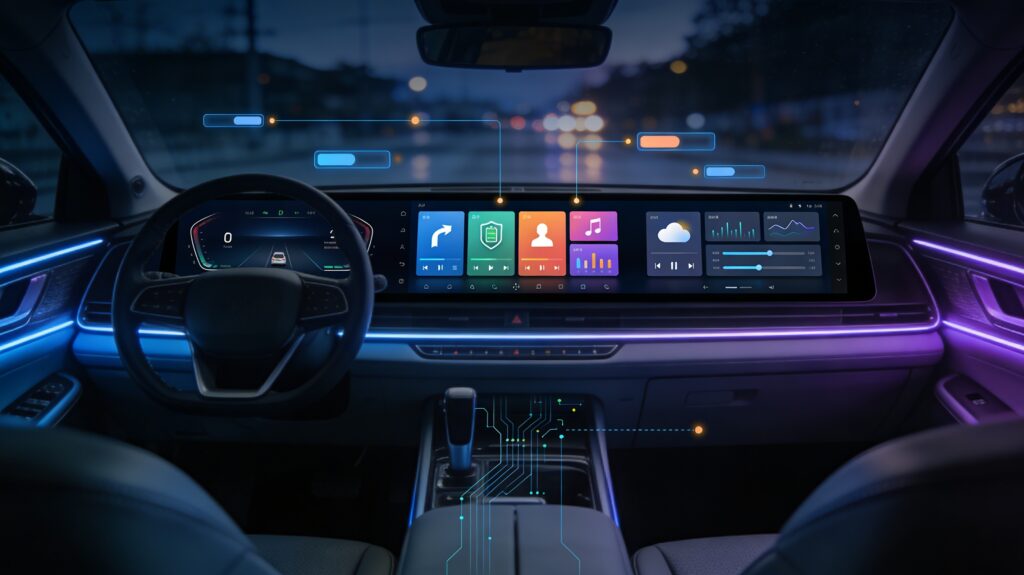 Realistic 16:9 interior view of a modern electric car from the back seat, looking over the center toward the driver’s seat and dashboard, with a large ultra-slim central touchscreen and a fully digital instrument cluster displaying colorful abstract tiles, icons, graphs, and sliders, plus subtle holographic UI elements floating slightly off the screens, faint circuit patterns in the dashboard trim, and a softly blurred nighttime city street visible through the windshield, with cool blue and purple ambient lighting and no people, logos, or readable text.