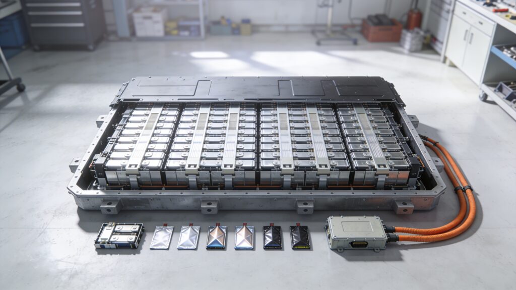 Realistic 16:9 top-down image of an open EV battery pack resting on a clean, light-colored workshop floor. In the center, a large rectangular pack enclosure with its top cover removed reveals neatly organized rows of metallic rectangular modules, each made of tightly packed cells connected by clean busbar-like strips and cooling plates, with no labels or markings. Along the lower edge of the frame, several modules have been removed and placed in a straight line, and beside them a handful of individual prism-shaped or pouch-style cells are arranged to show the progression from cells to modules to full pack. Off to one side, a simple battery management unit housing and a couple of thick orange high-voltage cables lie next to the pack, hinting at control and power connections without any printed text. The background is minimal and softly blurred, suggesting cabinets and tools, and bright diffuse lighting creates gentle reflections and shadows, with no people, branding, or readable text or numbers anywhere.