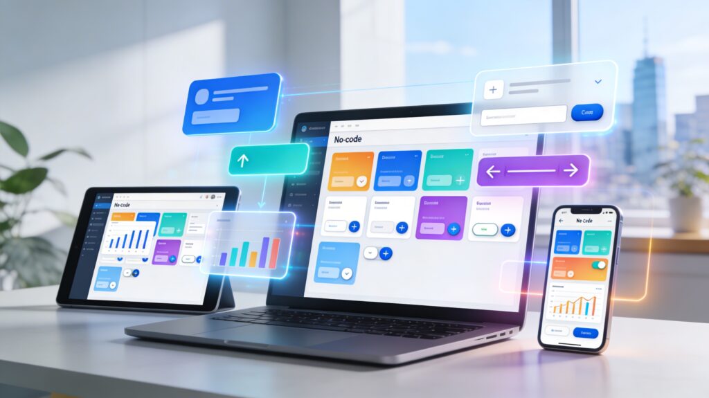 Realistic wide-angle image of a clean desk in a modern office, with a laptop in the center displaying a colorful drag-and-drop no-code app builder interface. To the side, a tablet and smartphone show matching app mockups. Semi-transparent buttons, charts, cards, and workflow arrows float in the air around the devices, glowing in blue, teal, purple, and warm accents. A soft-focus background reveals plants, daylight, and a city skyline through large windows, suggesting a small startup or solo founder environment, with no people and no visible text or logos.