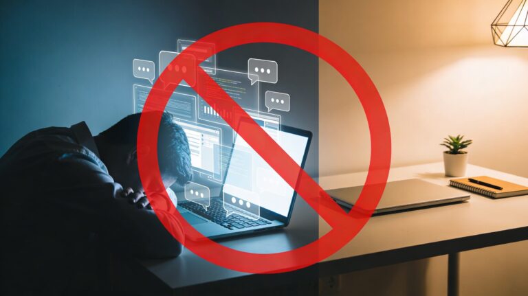 16:9 image of a modern desk split into two visual states: on the left, a slumped, indistinct human silhouette leans over an open laptop surrounded by chaotic, semi-transparent notification windows, all crossed out by a bold diagonal red line; on the right, the same desk appears calm and tidy with a closed laptop, notebook, pen, and small plant under warm light, symbolizing moving from tech burnout to a balanced, focused workspace, with no text or numbers visible anywhere.