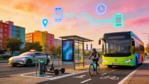 Realistic 16:9 image of a golden-hour city street with a bright electric bus at a smart stop, a cyclist on a shared e-bike in a protected lane, and e-scooters parked in a micromobility zone, while a modern electric car drives by. Above everything, subtle glowing lines and icons connect the vehicles and stop, symbolizing apps, real-time data, and integrated mobility in a colorful, optimistic urban scene with mid-rise buildings and trees in the background.