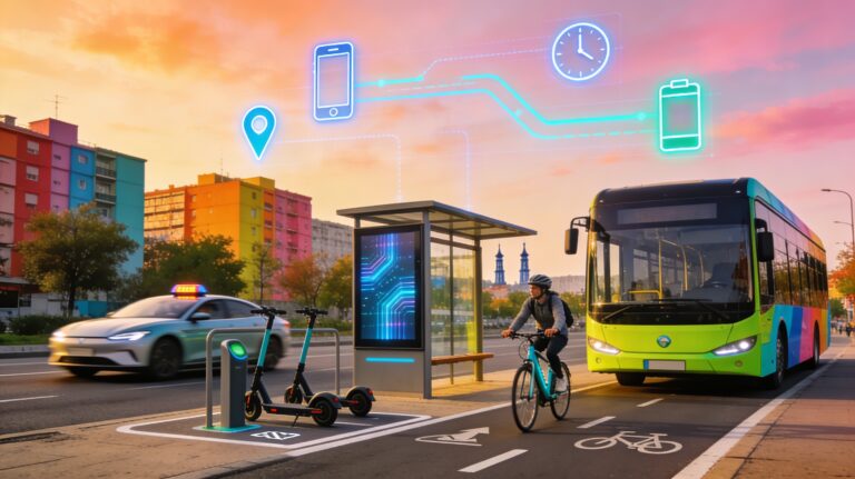 Realistic 16:9 image of a golden-hour city street with a bright electric bus at a smart stop, a cyclist on a shared e-bike in a protected lane, and e-scooters parked in a micromobility zone, while a modern electric car drives by. Above everything, subtle glowing lines and icons connect the vehicles and stop, symbolizing apps, real-time data, and integrated mobility in a colorful, optimistic urban scene with mid-rise buildings and trees in the background.