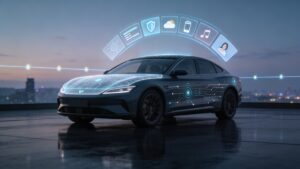 Realistic 16:9 image of a sleek electric car in three-quarter front view on a dark reflective studio floor, with a subtle semi-transparent digital overlay showing faint circuit patterns, sensor icons, and glowing connection lines across the hood, roof, and side panels, plus a soft arc of holographic UI tiles above the roof and a ghosted timeline behind, in a blurred, futuristic glass-walled showroom at dusk.