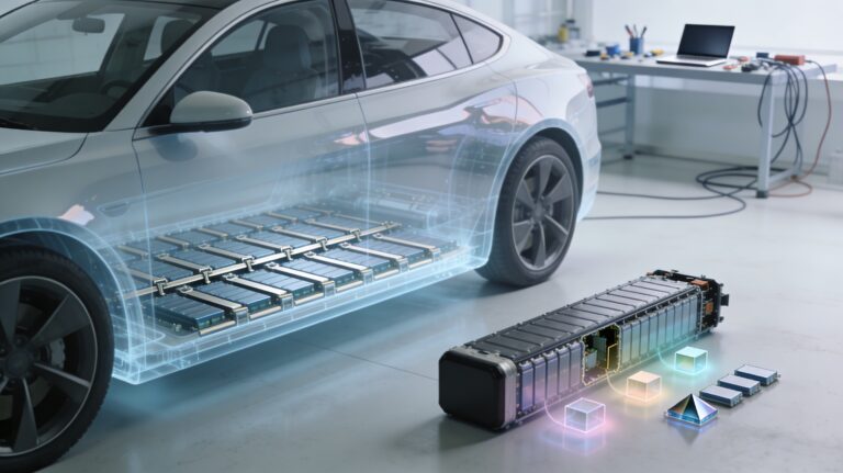 Realistic 16:9 image of a modern electric car in a bright, clean studio or lab-like space, seen from a three-quarter front angle. The lower body of the car is subtly ghosted, revealing a large, flat battery pack integrated into the floor, made of multiple repeating rectangular modules and cells arranged in neat rows, connected by simple metallic strips and cooling channels, with no labels or characters. On the floor next to the car, a separate partially disassembled battery pack is shown: one section fully sealed, the middle revealing a cutaway of modules, and the closest section displaying several individual prism-shaped cells laid out in an orderly way. Soft, semi-transparent colored glows highlight three areas—small blocks for cells, grouped units for modules, and the full pack under the car—indicating different layers of the system only through color and shape. In the mid-background, a slightly blurred technician’s workbench with generic tools, cables, and a closed laptop suggests testing and engineering, with no legible content anywhere. The space has neutral walls and soft, diffused lighting that creates gentle reflections on the car and exposed battery components, with no people, logos, or readable text or numbers visible.
